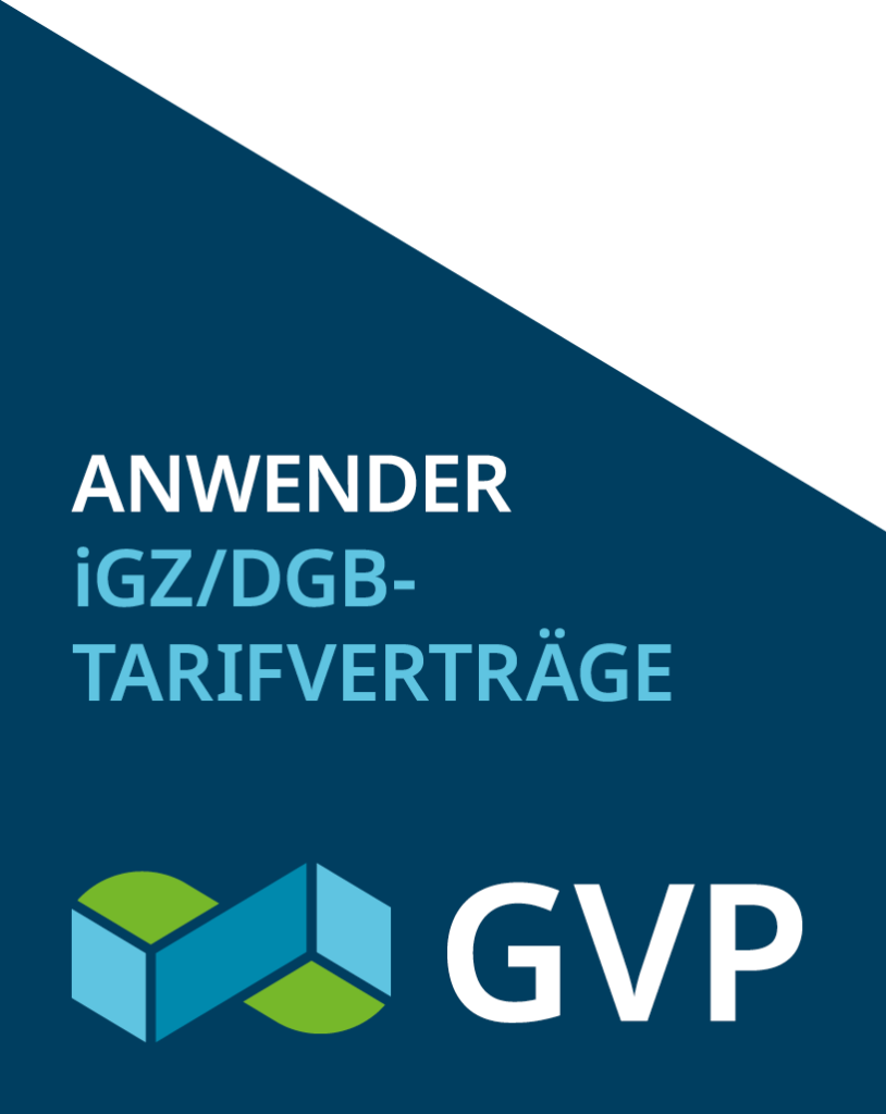 Logo des GVP mit blauem Hintergrung im Hochformat und der Aufschrift "Anwender iGZ/DGB-Tarifverträge"